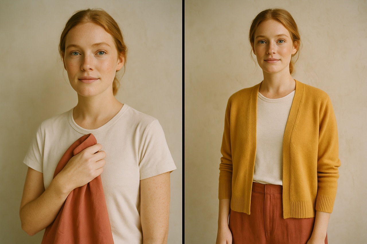 Same Bright Spring subject shown twice: drape moment on the left revealing her season, then a curated outfit on the right in those same clear warm colors