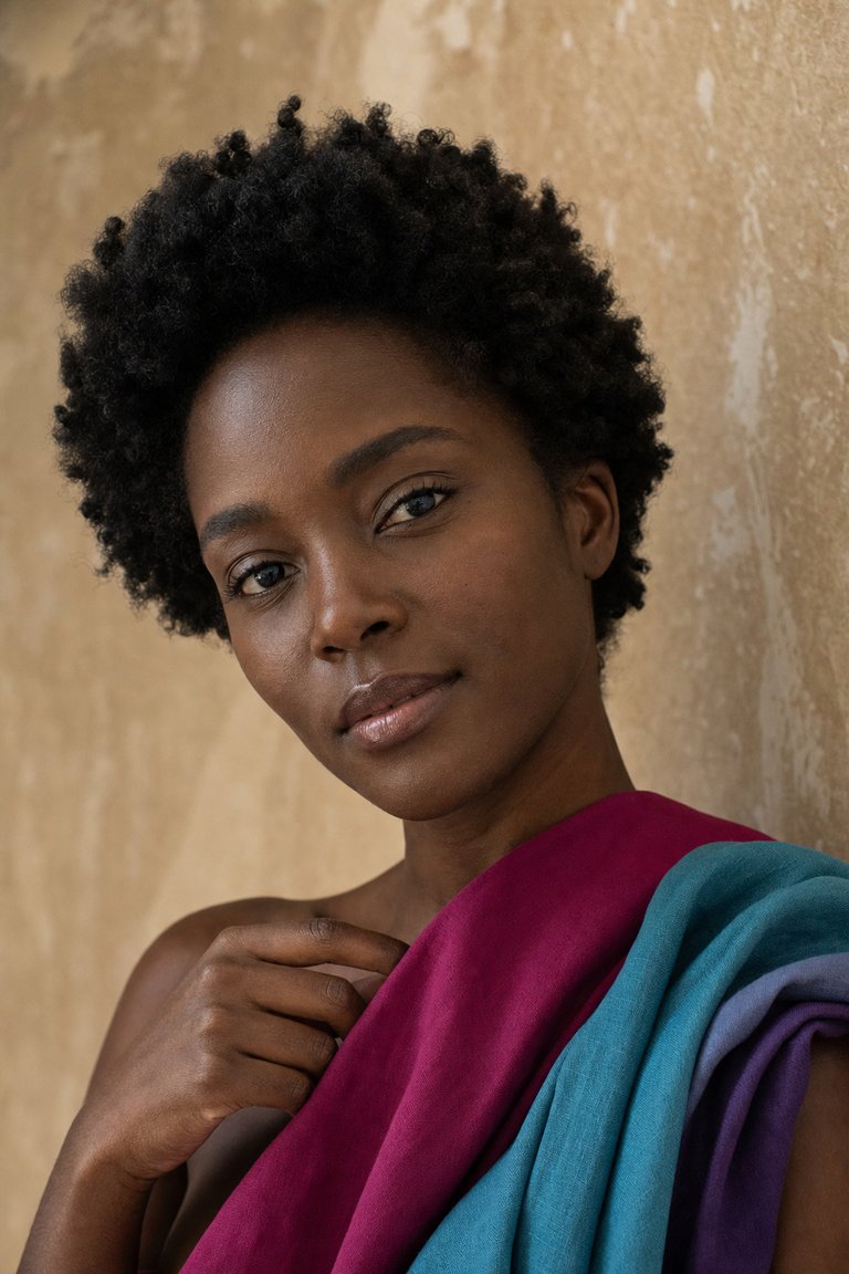 Deep Winter season — deep skin with cool jewel-tone palette drapes — illustrative, AI-generated portrait