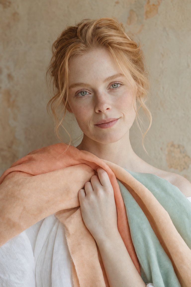 Light Spring season — very fair warm skin with warm-light palette drapes — illustrative, AI-generated portrait