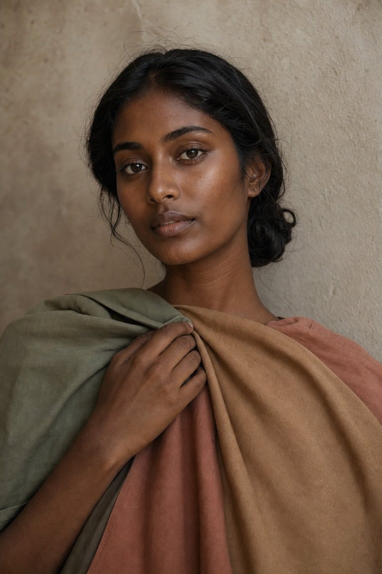 Soft Autumn season — deep warm skin with muted warm palette drapes — illustrative, AI-generated portrait