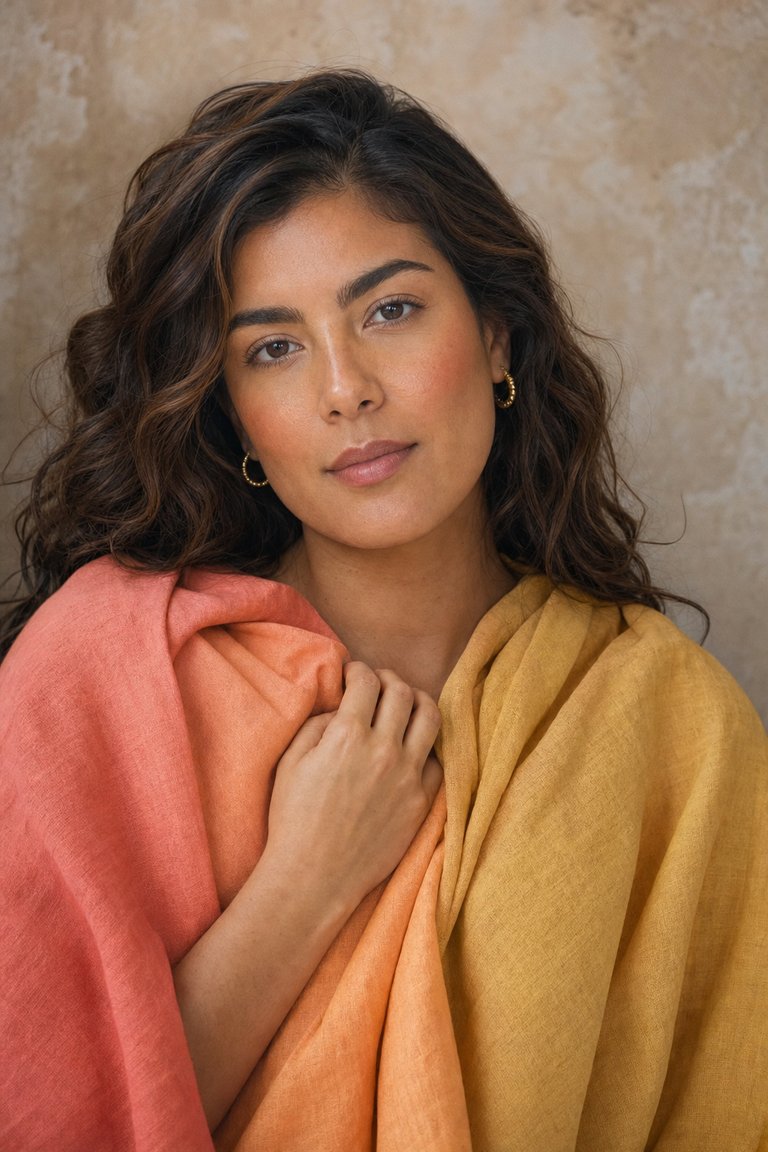 True Spring season — warm tan skin with clear warm palette drapes — illustrative, AI-generated portrait