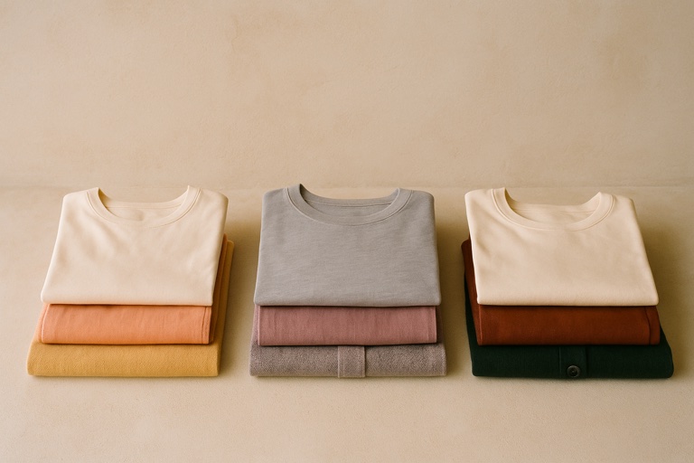Three outfit stacks flat-lay, each in a different season's palette: Light Spring, Soft Summer, Deep Autumn