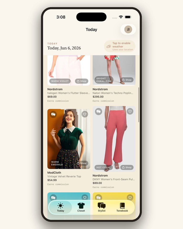 The Tonebook Today screen with daily shoppable picks chosen in the user's color palette