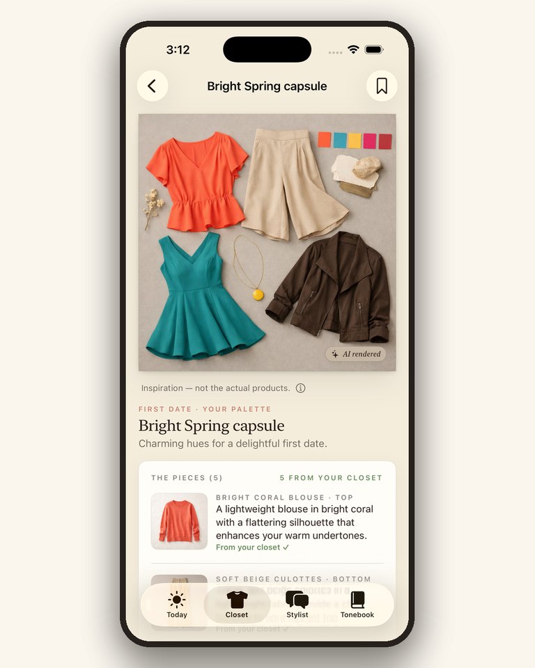 The Tonebook app showing an AI-styled outfit built in the user's palette, with each piece listed