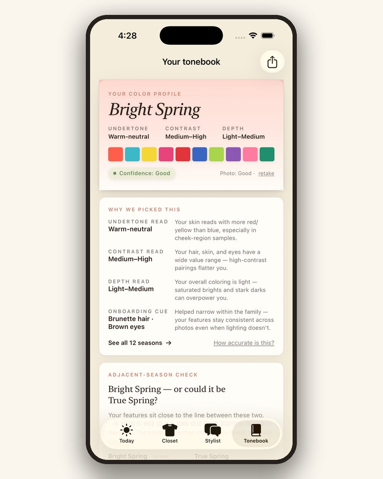 The Tonebook app showing a Bright Spring result — undertone, contrast, depth, and a 24-color palette