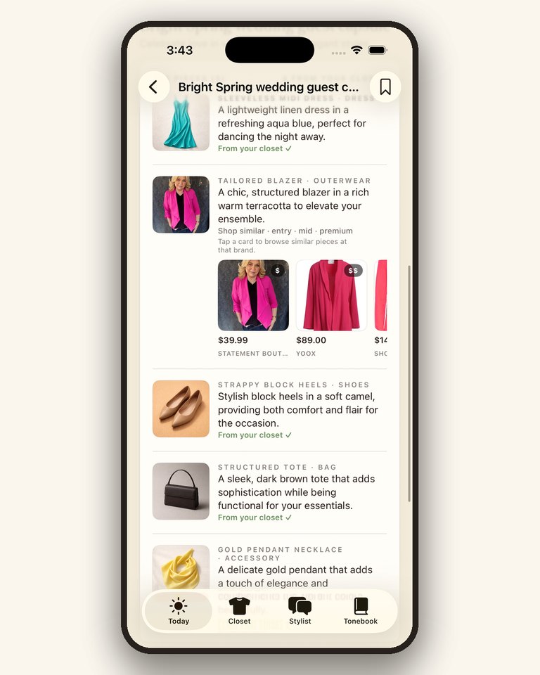 The Tonebook app showing each outfit piece shoppable at three price tiers — entry, mid, and premium — from real retailers