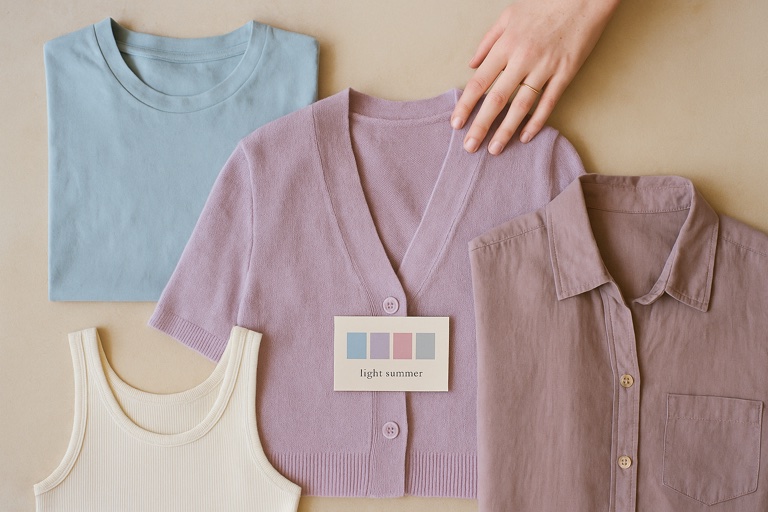 Overhead flat-lay of folded garments in a Light Summer palette with a printed swatch card