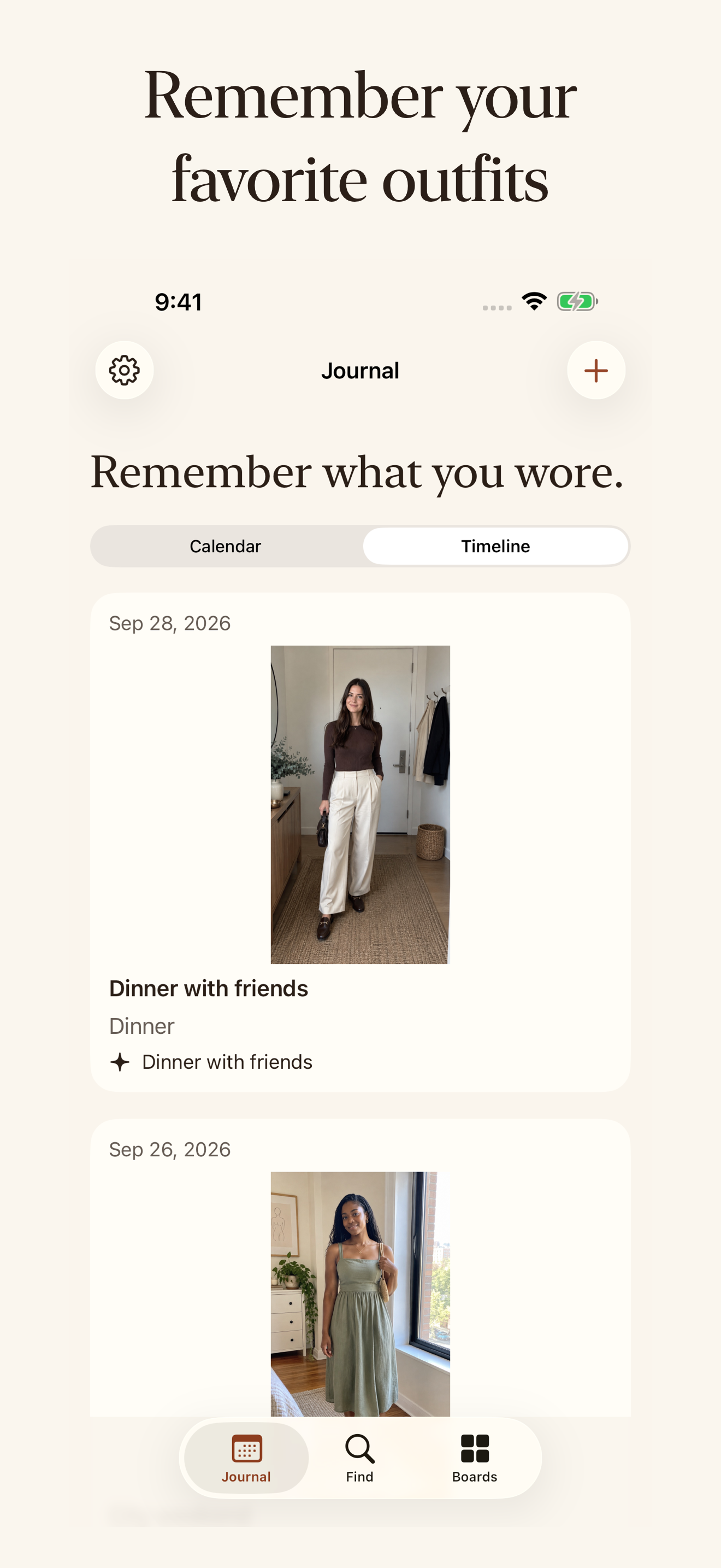 Outfit Recall journal showing saved whole-outfit photo cards