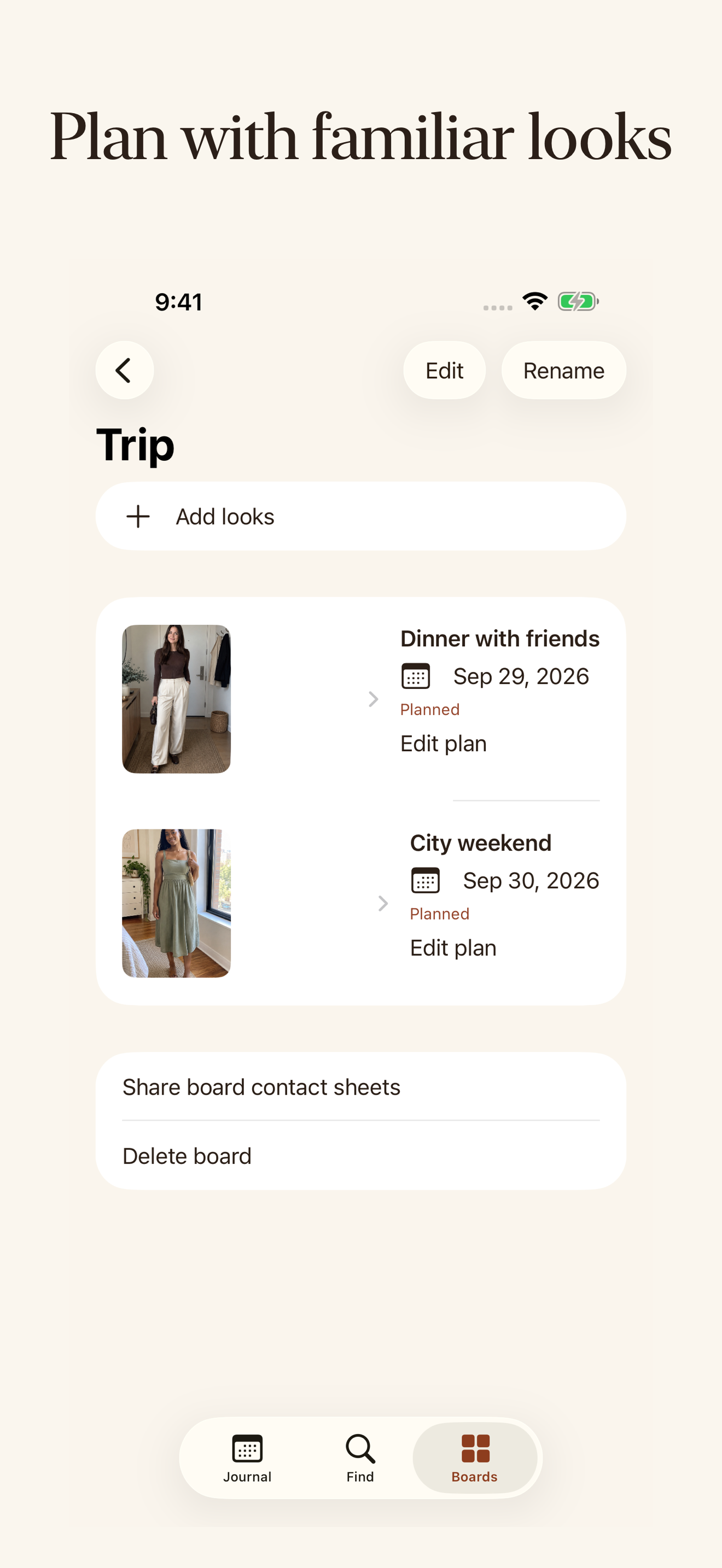 Outfit Recall board showing a planned outfit date