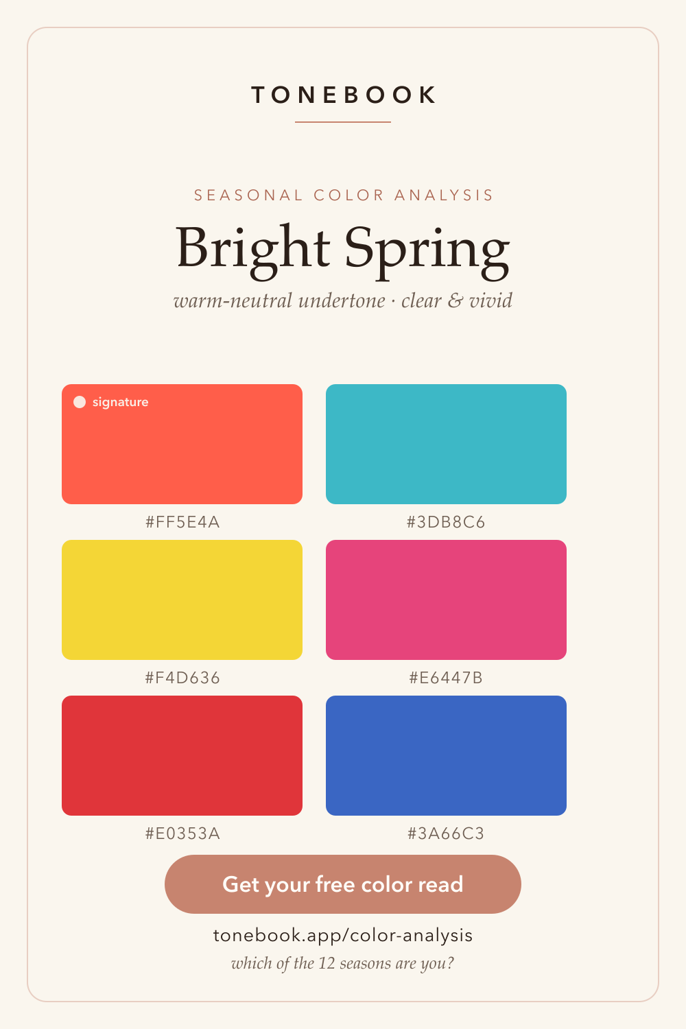 Bright Spring color palette analysis swatches — clear warm coral, turquoise, golden yellow and bright green. Warm undertone, bright and clear seasonal color analysis. Free personal color analysis from a selfie.