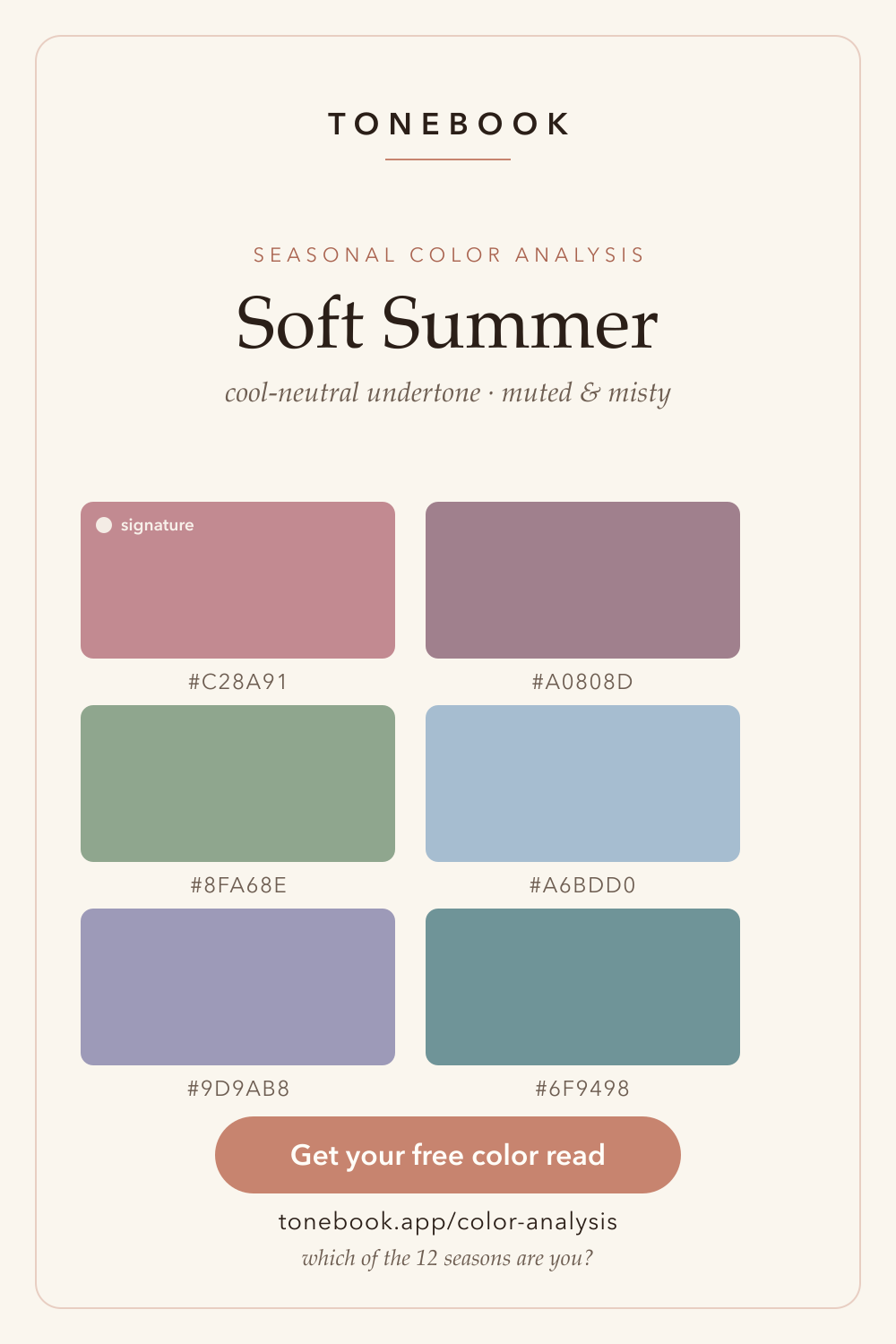 Soft Summer color palette card from Tonebook showing six muted, misty swatches with hex codes: dusty rose #C28A91 (signature), mauve #A0808D, sage green #8FA68E, powder blue #A6BDD0, soft periwinkle #9D9AB8 and muted teal #6F9498, on a cream background. Soft Summer is the cool-neutral, muted and misty season in 12-season color analysis. Free color analysis from a selfie at tonebook.app.