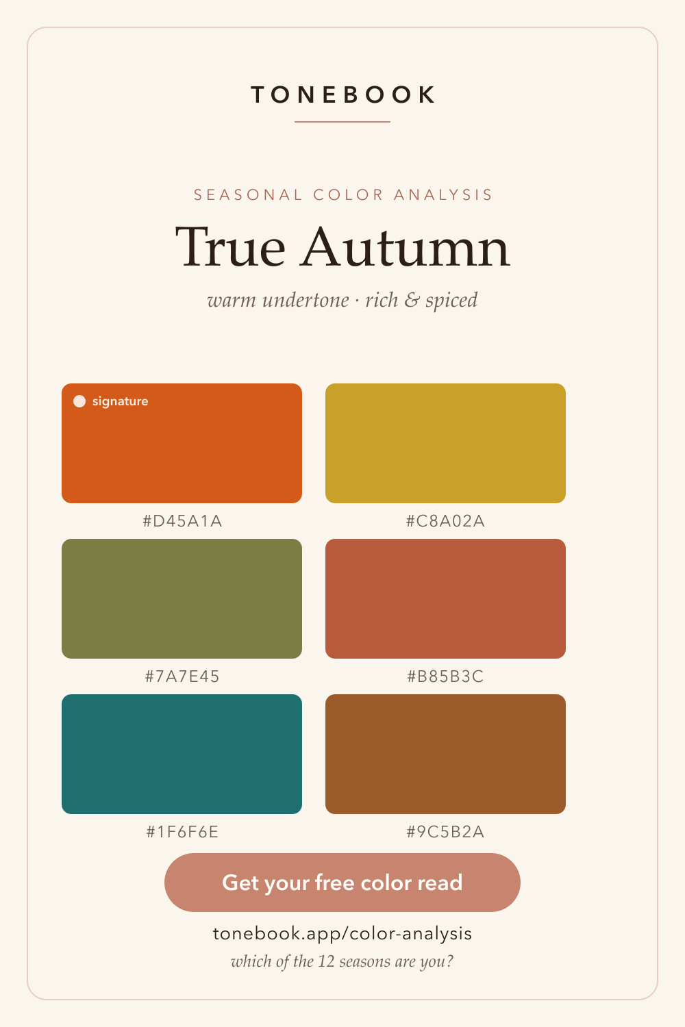 True Autumn color palette card from Tonebook showing six warm, rich swatches with hex codes: burnt orange #D45A1A (signature), golden ochre #C8A02A, olive green #7A7E45, terracotta #B85B3C, deep teal #1F6F6E and chestnut brown #9C5B2A, on a cream background. True Autumn is the warm, rich and spiced season in 12-season color analysis. Free color analysis from a selfie at tonebook.app.