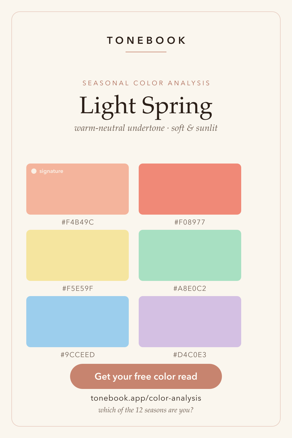 Light Spring color palette card from Tonebook showing six warm, sunlit swatches with hex codes: peach #F4B49C (signature), coral #F08977, buttery yellow #F5E59F, mint green #A8E0C2, sky blue #9CCEED and soft lilac #D4C0E3, on a cream background. Light Spring is the warm-neutral, soft and sunlit season in 12-season color analysis. Free color analysis from a selfie at tonebook.app.