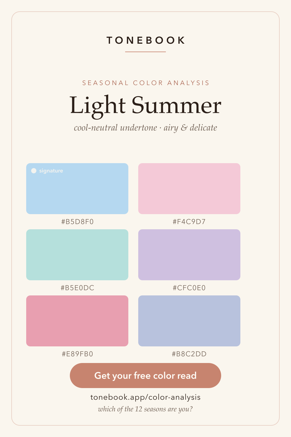 Light Summer color palette analysis swatches — soft powder blue, rose pink, seafoam, lilac and periwinkle. Cool-neutral undertone, airy and delicate seasonal color analysis. Free personal color analysis from a selfie.