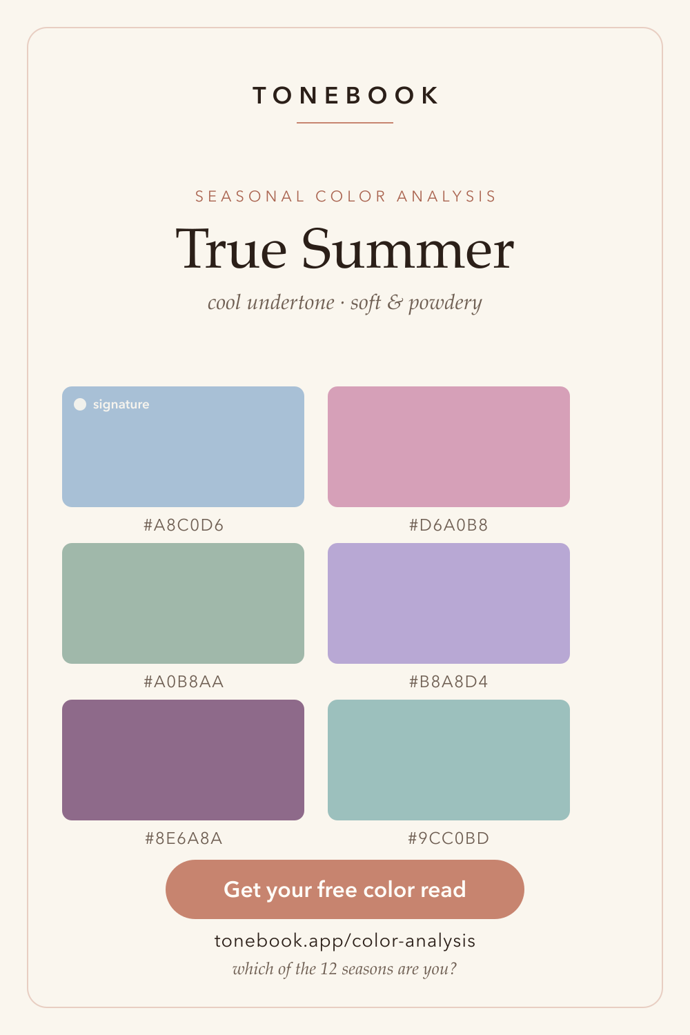 True Summer color palette analysis swatches — cool blues, soft raspberry, sage and slate. Cool undertone, soft and muted seasonal color analysis. Free personal color analysis from a selfie.