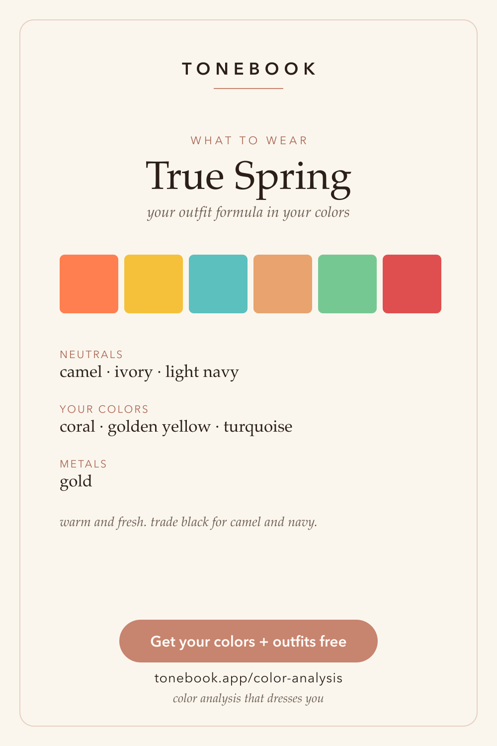 True Spring what-to-wear card from Tonebook, headed "your outfit formula in your colors", showing six warm bright swatches — coral, golden yellow, turquoise, apricot, spring green and warm red — above three labelled lines: neutrals camel, ivory and light navy; your colors coral, golden yellow and turquoise; metals gold. Closing note reads "warm and fresh, trade black for camel and navy".